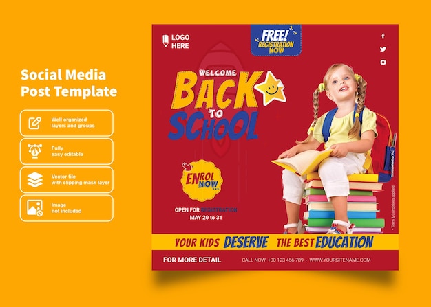 Social Media Post Template Welcome back to school With Free Admission Label