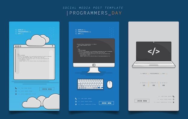 프로그래머의 날 디자인을 위한 컴퓨터 및 노트북 디자인의 만화가 있는 소셜 미디어 포스트 템플릿