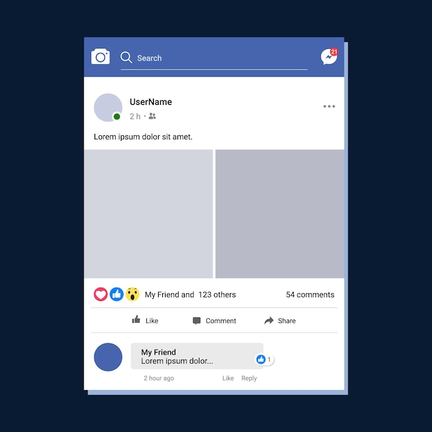 コメントとリアクションを含むソーシャルメディアの投稿テンプレート デジタルコンテンツの空白 UI レイアウト