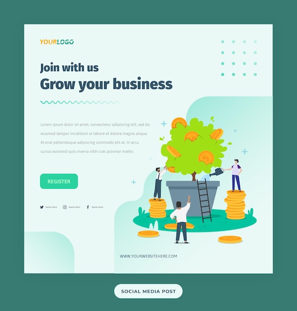 Шаблон сообщения в социальных сетях с плоским персонажем, растениями и монетами растущий бизнес