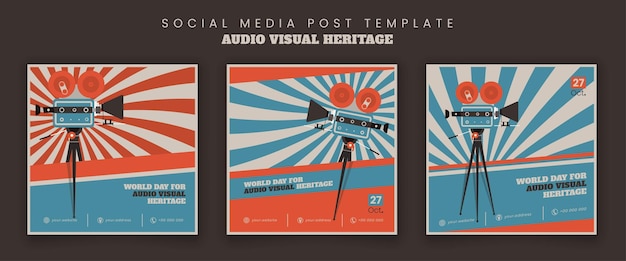 Social media post template with flat video camera design in retro blue and orange background design