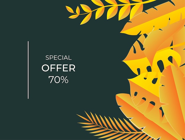 Social media post template with floral and leaves elements. Fresh yellow autumn background with palm, leaves, monstera. Vector illustration for invitation, postcard, fashion sale