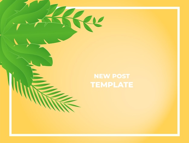 Modello di post sui social media con elementi floreali e foglie. sfondo autunnale giallo fresco con palme, foglie, monstera. illustrazione vettoriale per invito, cartolina, vendita di moda