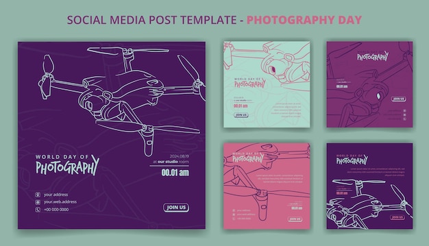 Social media post template with flying drone in hand drawn design for world photography day design