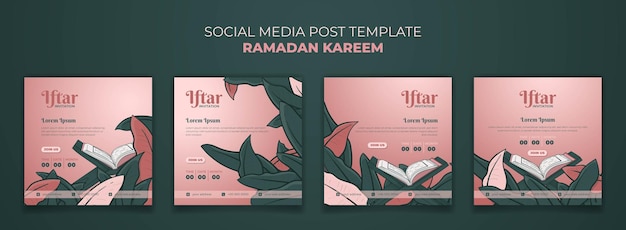 손으로 그린 디자인에 Qur39an 및 녹색 잎 배경이 있는 소셜 미디어 포스트 템플릿