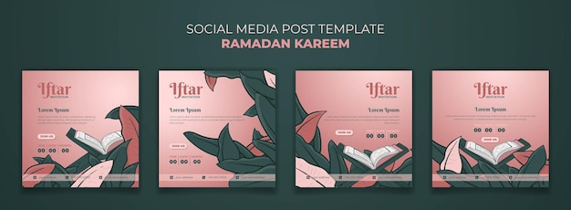 Modello di post sui social media con qur39an e sfondo di foglie verdi nel design disegnato a mano