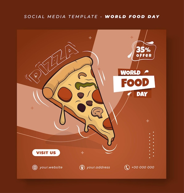 Modello di post sui social media per la progettazione della giornata mondiale dell'alimentazione con la pizza nel disegno vettoriale dei cartoni animati