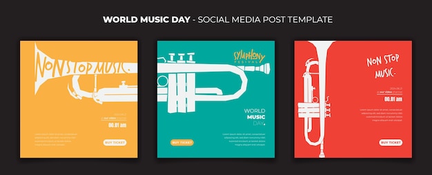 Social media post template for world music day design with trombone in flat design