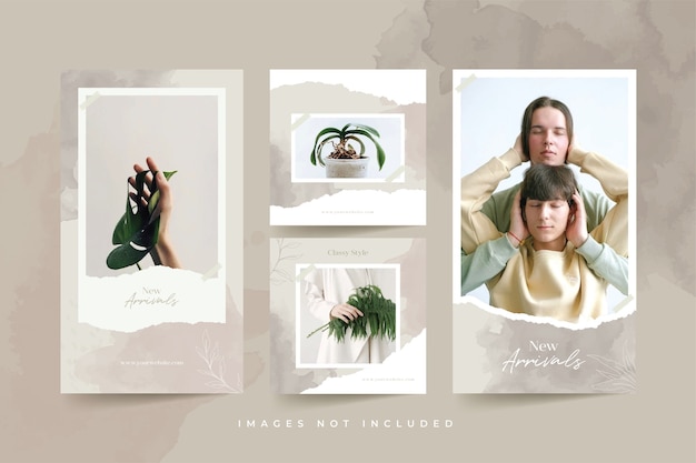social media post templates with watercolor background and torn paper