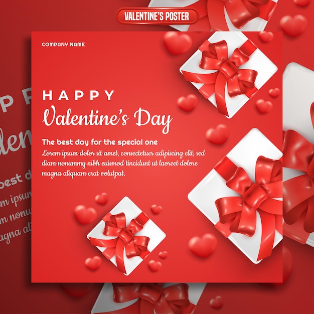 Social media post valentines day themed with 3d gift box and hearts