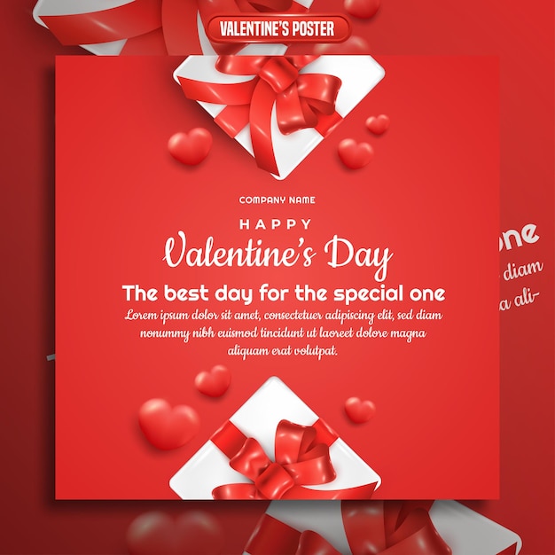 Post sui social media a tema san valentino con scatola regalo e cuori realistici Vettore Premium