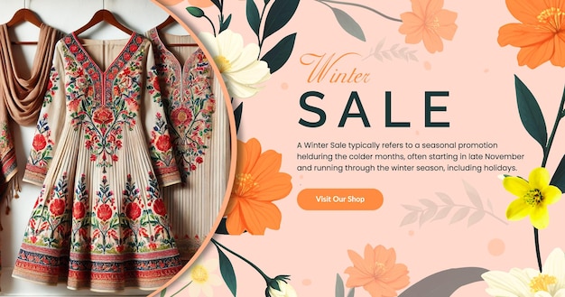Social Media Post voor de winterverkoop met Vector Floral achtergrond