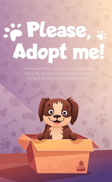 Vector social media post with animal adoption promotion adopt flyer with funny dog in cardboard box