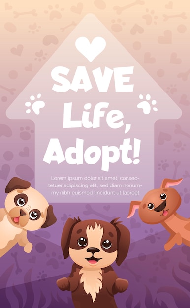 Пост в социальных сетях с рекламой усыновления животных Adopt Flyer с текстом Save Life и забавными собаками