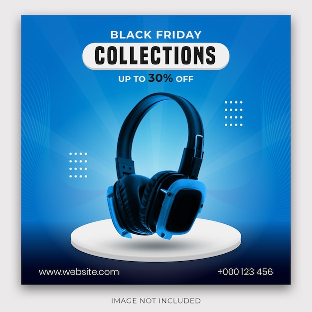 검은 금요일 판매 배너를 위한 파란색 및 3d 제품 연단이 있는 소셜 미디어 게시물