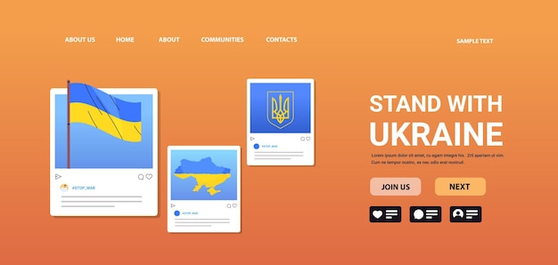 Post sui social media con la mappa della bandiera ucraina e il tridente pregano per l'ucraina la pace salva l'ucraina dalla russia ferma il concetto di guerra orizzontale copia spazio illustrazione vettoriale
