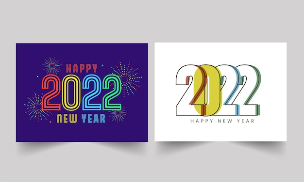 벡터 2022년 새해 복 많이 받으세요 글꼴과 보라색 및 흰색 색상 옵션의 점선 불꽃놀이가 있는 소셜 미디어 포스터 디자인.