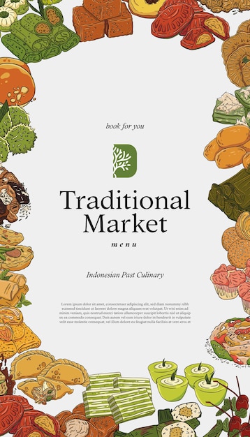 Social media poster met indonesische traditionele keuken handgetekende illustratie