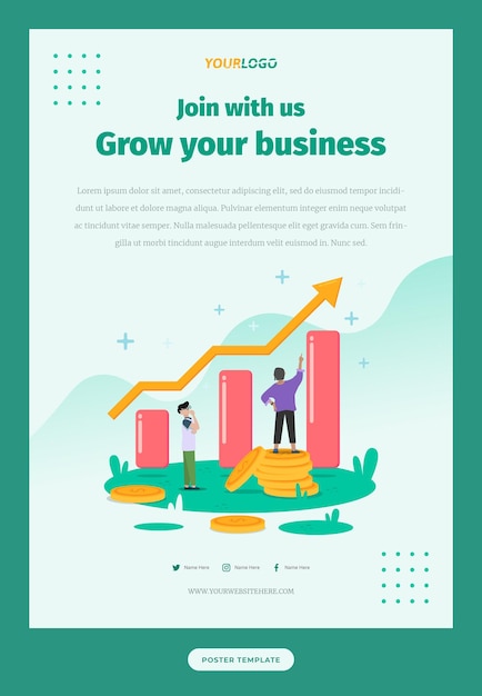 Шаблон плаката для социальных сетей Grow Business с персонажем статистической иллюстрации
