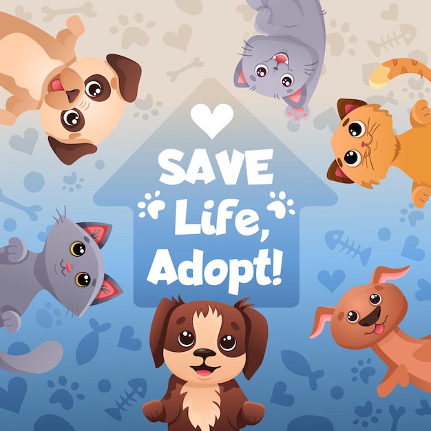 Social media postontwerp met promotie voor adoptie van huisdieren Red het leven adopteer banner met schattige hondenkatten