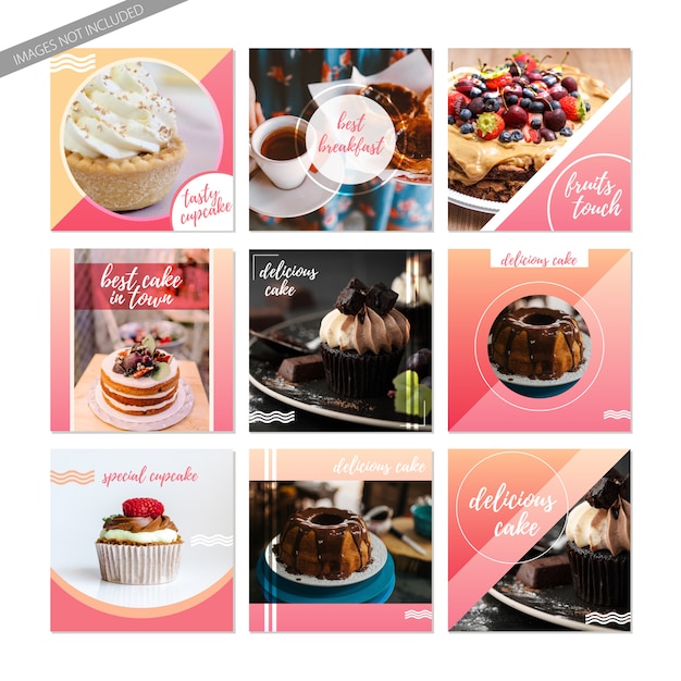Vector social media posts of sweet food. cakes and cupcake templates for instagram or facebook