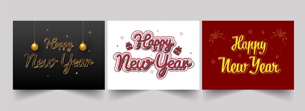 Social Media Posts Or Template Design With Happy New Year Font In Three Color Options.