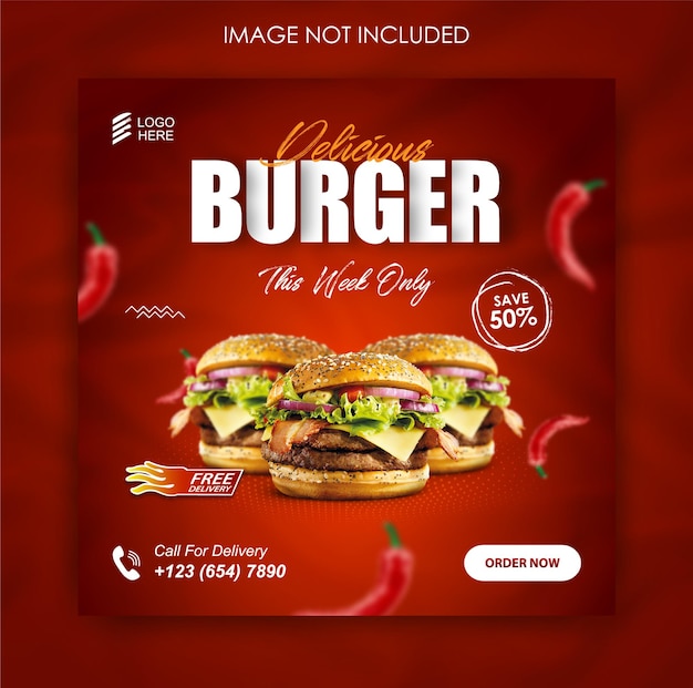 Social media promotie hamburger eten en instagram post ontwerpsjabloon