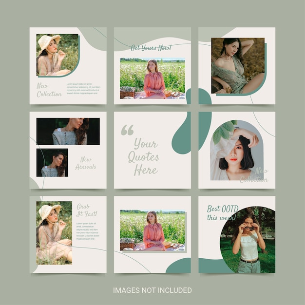 Social media puzzle template for woman fashion green soft color aesthetic. 