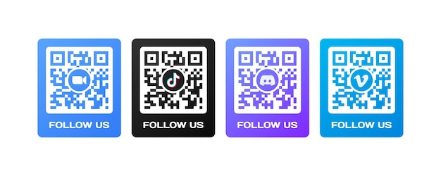 Vector social media qrcode follow us icons zoom tik tok discord vimeo logos with qrcodes and follow us buttons editorial social media logos isolated social media icons vector icons