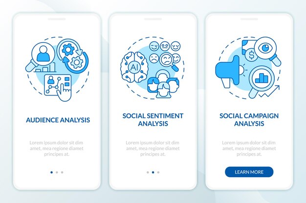 Social media research layers blue onboarding mobile app screen