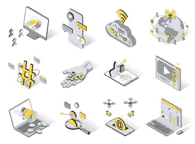 Social media service concept 3d isometric icons set Pack elements of content emoji isometry design