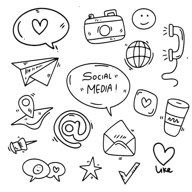 Vector social media set with doodle line style vector