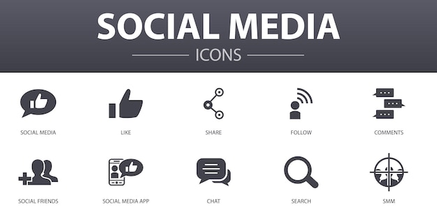 Social media simple concept icons set. contains such icons as like, share, follow, comments and more, can be used for web, logo, ui/ux