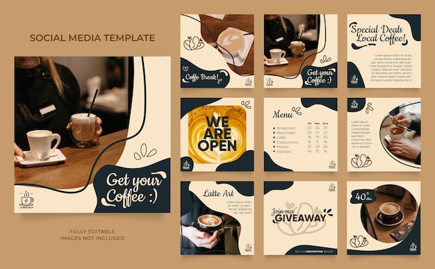 Social media sjabloon banner blog koffie verkoop promotie volledig bewerkbare instagram en facebook vierkante post frame puzzel organische verkoop poster drinken en drinken vector achtergrond