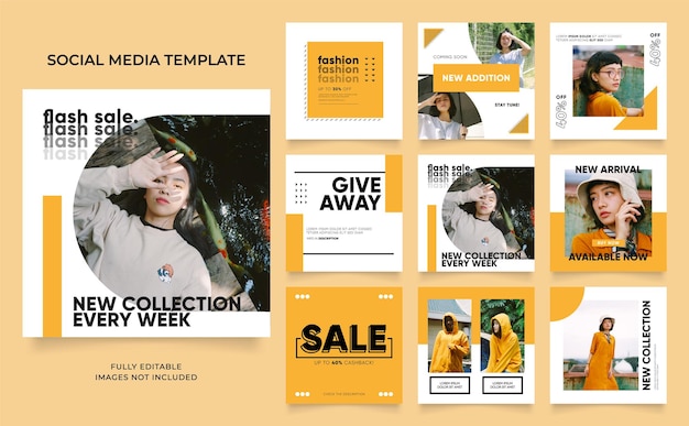 Social media sjabloon banner blog mode verkoop promotie volledig bewerkbare instagram en facebook vierkante post frame puzzel organische verkoop poster verse gele element vorm vector achtergrond