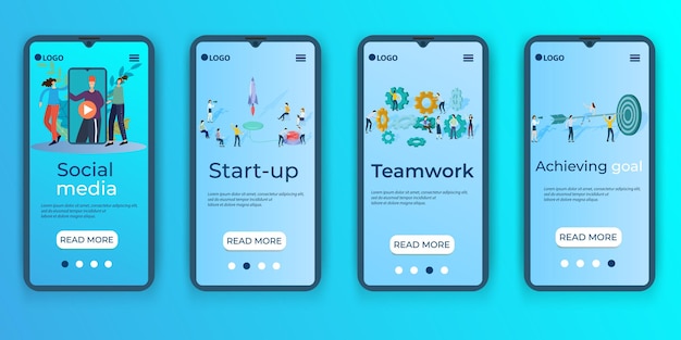 Social media startup teamwork goal selectiona set of ui ux interfaces for smartphone screens