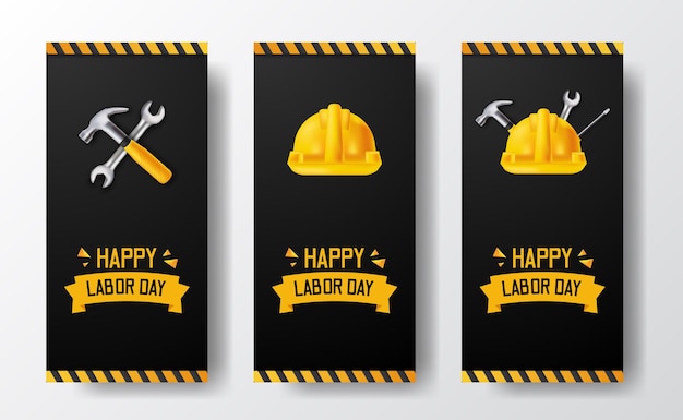 Banner di storie di social media per la festa del lavoro con lavoratore di casco di sicurezza giallo 3d, martello, chiave inglese, con linea gialla