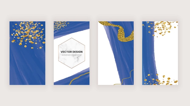 Social media stories banners with blue watercolor and gold glitter texture