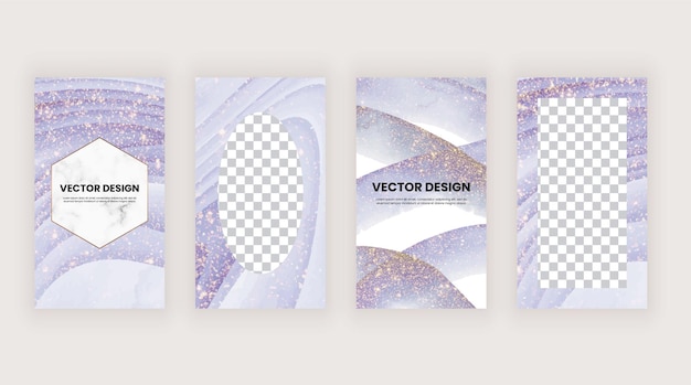 Vettore banner di storie di social media con forme di acquerello blu texture glitter oro