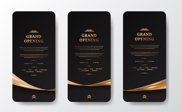 Social media stories for grand opening layout announcement with shiny glossy golden satin silk decoration with black background