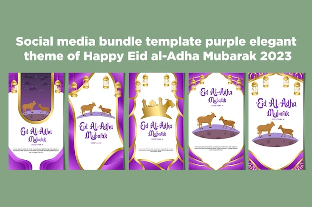 Social media story bundle template purple elegant theme of happy eid al adha Mubarak 2023