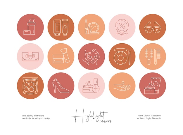 social media story highlight beauty and boho style line illustration set