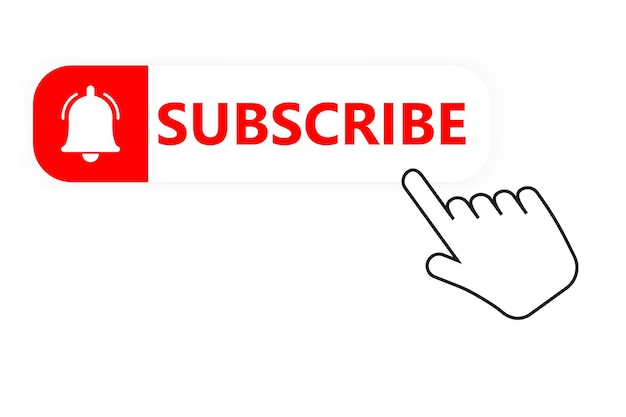 Social media subscription button. Subscribe to the video channel, blog and newsletter. Red button with hand cursor for subscription. Flat style. Vector illustration