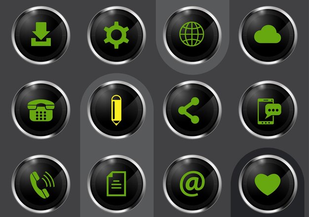 Social media symbols on black shiny buttons