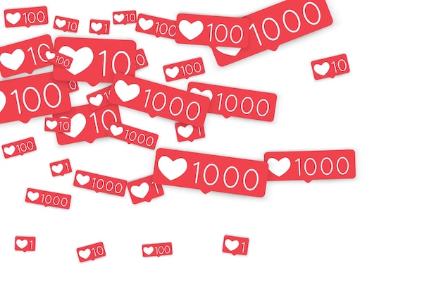 Social media tellers. Zoals achtergrond. Iconen van sociale netwerken. SMM, digitale marketing, reclame, app, seo, web achtergrond met vallen als tellers geïsoleerd op witte achtergrond. Web verslaving.