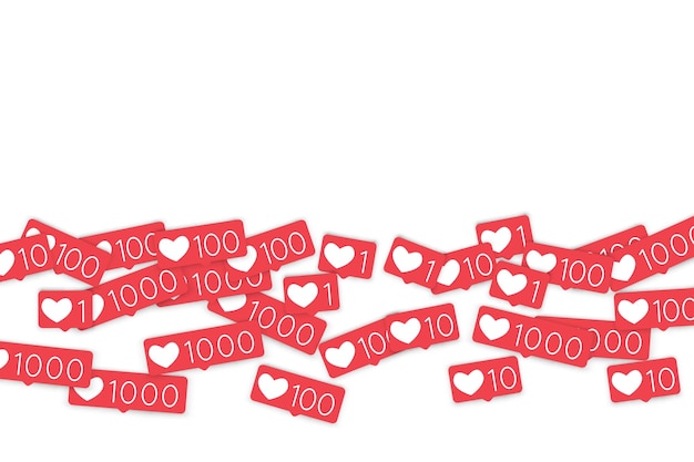 Social media tellers. Zoals achtergrond. Iconen van sociale netwerken. SMM, digitale marketing, reclame, app, seo, web achtergrond met vallende als tellers geïsoleerd op witte achtergrond. Webverslaving.