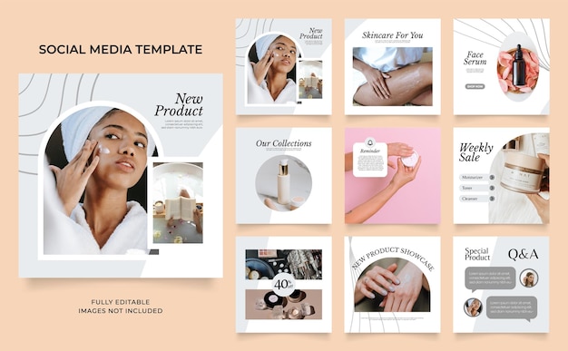 Social media template banner beauty care cosmetic and spa sale promotion fully editable instagram and facebook square post frame puzzle organic sale posterx9