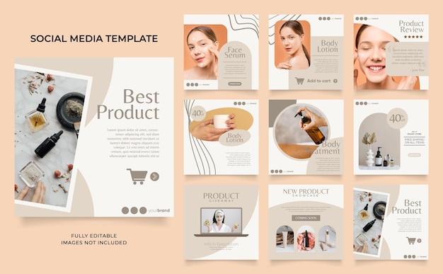 Social media template banner beauty care cosmetic and spa sale promotion fully editable instagram and facebook square post frame puzzle organic sale posterx9