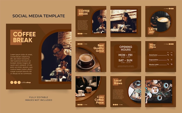 소셜 미디어 템플릿 배너 블로그 커피 판매 프로모션 완전히 편집 가능한 인스 타 그램 및 페이스 북 사각 포스트 프레임 퍼즐 유기농 판매 포스터 음료 및 음료 벡터 배경
