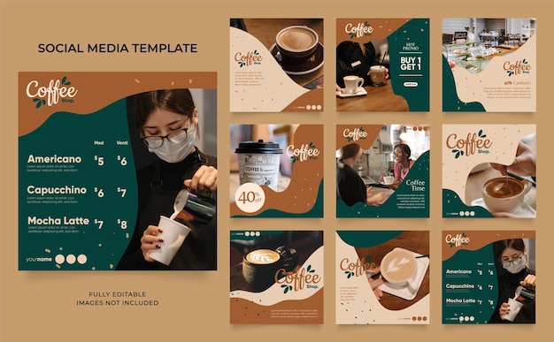 Vettore social media modello banner blog promozione vendita caffè completamente modificabile instagram e facebook piazza post cornice puzzle vendita organica poster bevanda e bevande vettore sfondox9